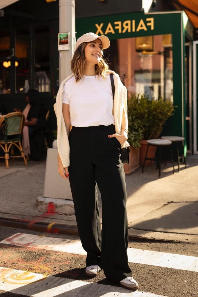 White T-Shirt + Cream Sweater Over Shoulders + Black Wide-Leg Trousers + White Sneakers