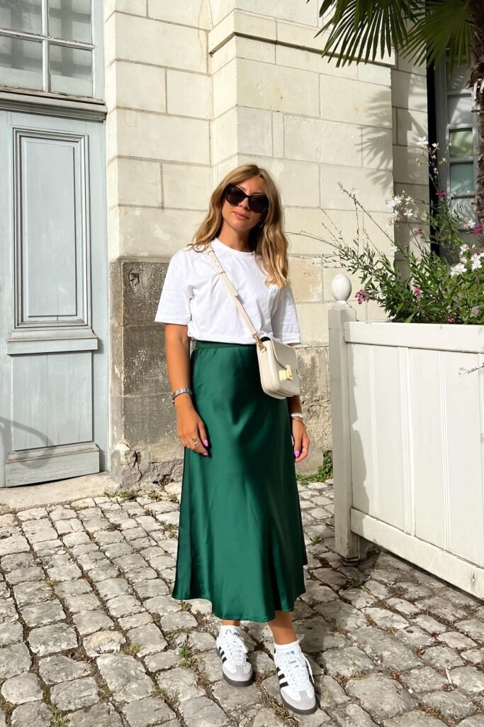 White T Shirt + Green Satin Midi Skirt + White Sneakers