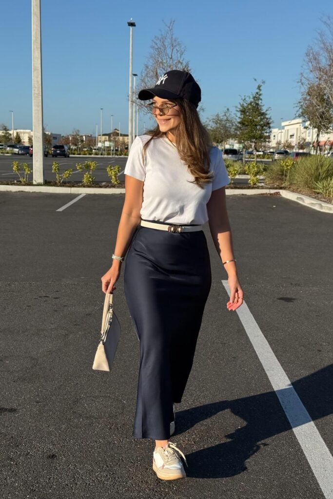 White T-Shirt + Navy Satin Maxi Skirt + White Sneakers + Black Baseball Cap