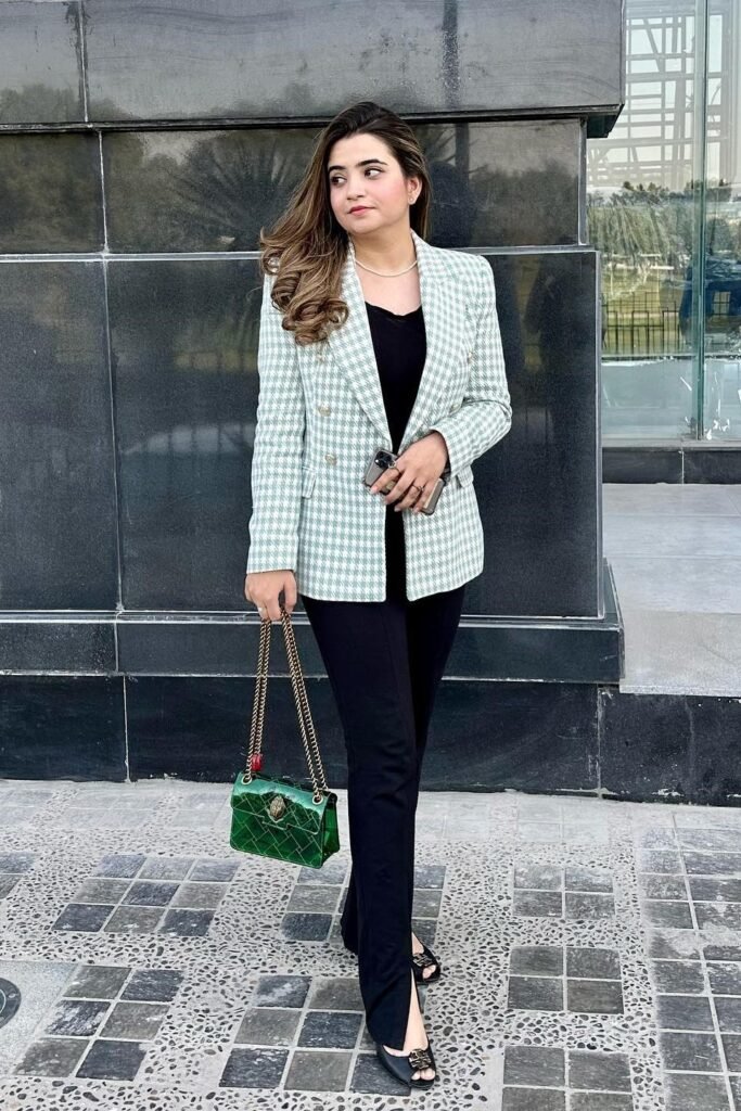 White Tailored Blazer + Black Shirt + Black Trousers + Black Pointed Heels