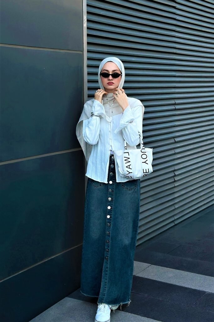White Textured Button-Down + Button-Front Denim Maxi Skirt + White Sneakers