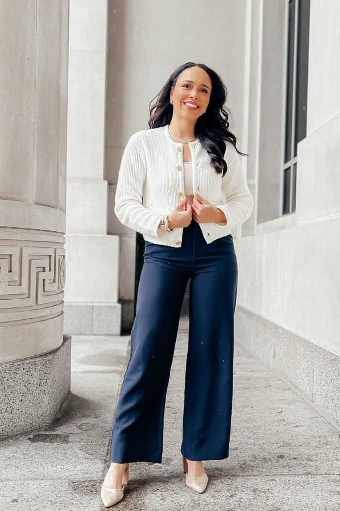 White Textured Lady Jacket + White Crop Top + Navy Wide-Leg Trousers + Beige Pointed Heels