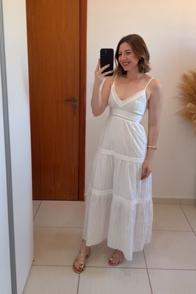 White Tiered Eyelet Maxi Dress + Gold Strappy Sandals