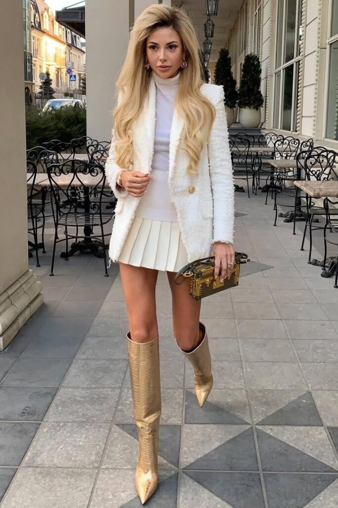 White Tweed Blazer + White Turtleneck + White Pleated Mini Skirt + Gold Knee-High Boots