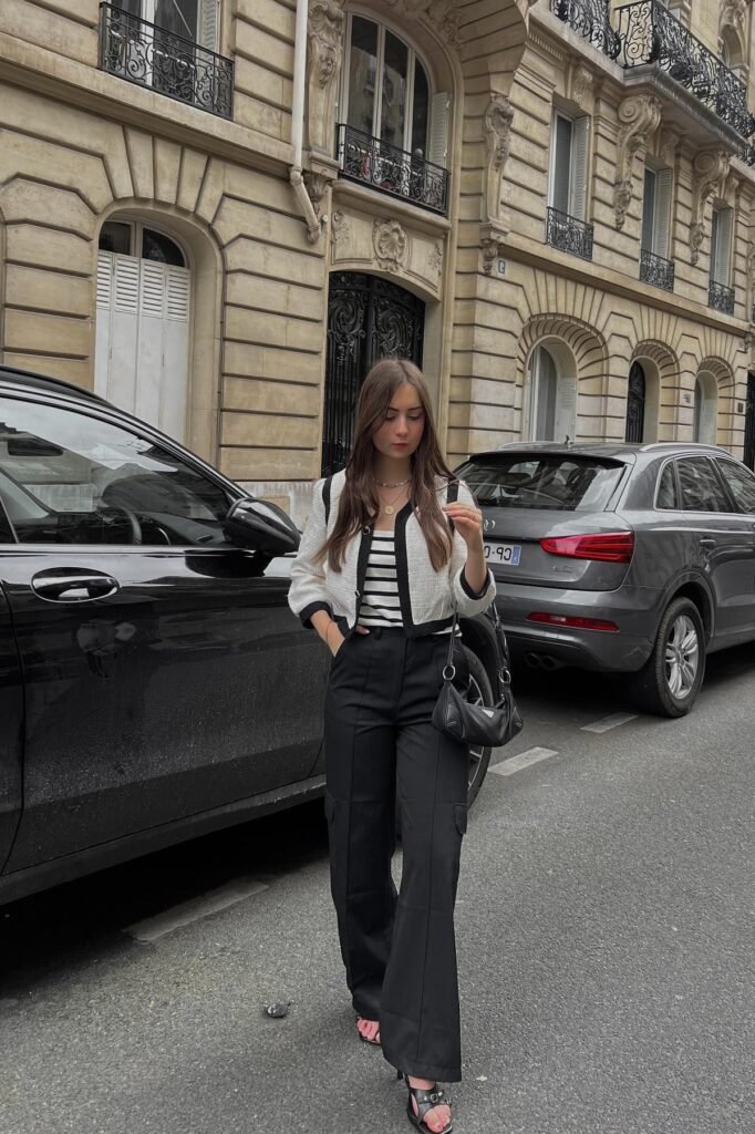 White Tweed Cropped Jacket + Striped Top + Black Cargo Trousers + Black Strappy Sandals