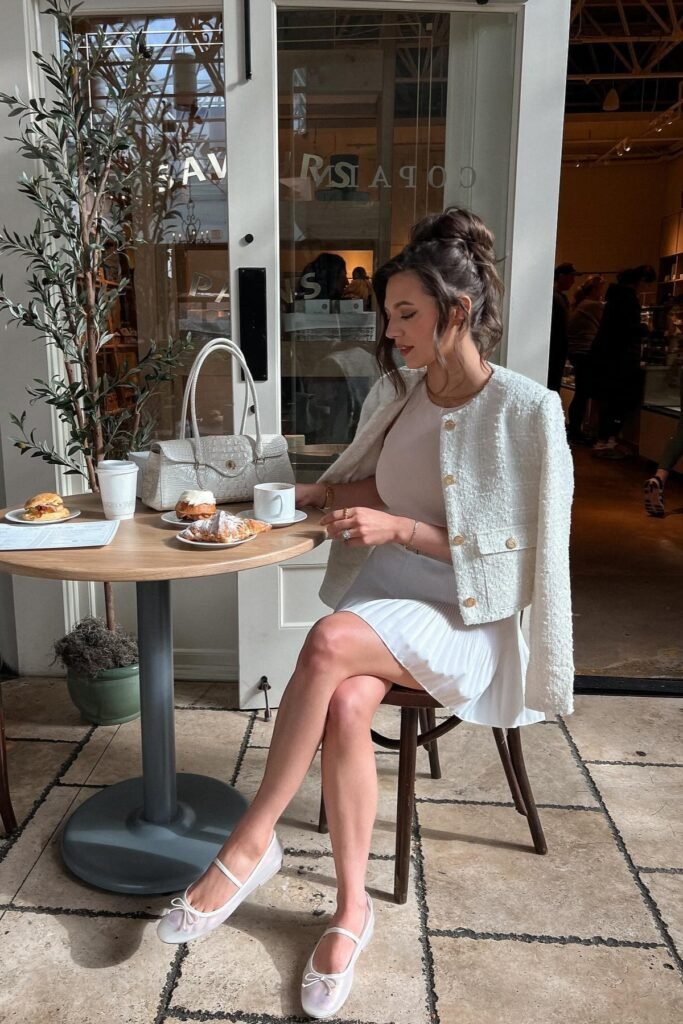 White Tweed Cropped Jacket + White Pleated Mini Skirt + White Ballet Flats
