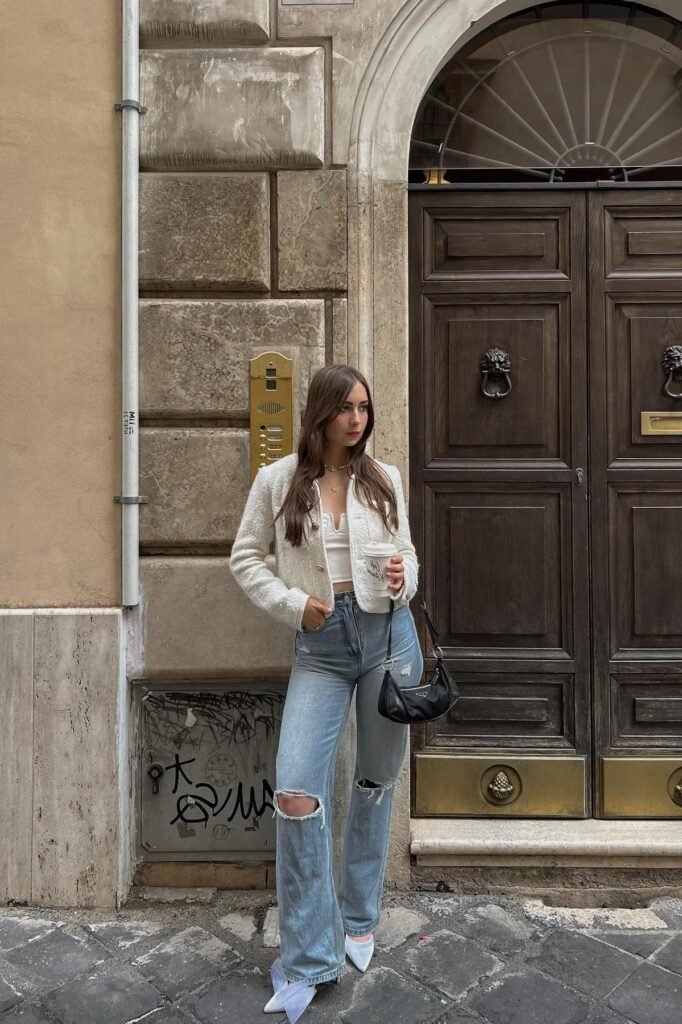 White Polo Bear Sweatshirt + Beige Pleated Mini Skirt + White Leg Warmers
