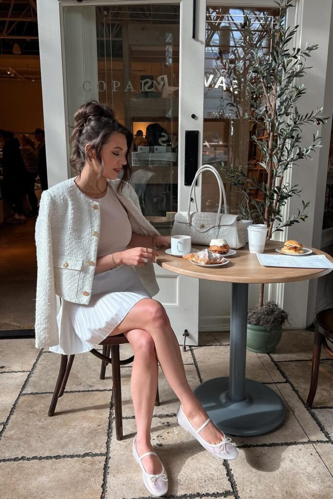 White Tweed Jacket + White Pleated Mini Skirt + White Sheer Mary Janes