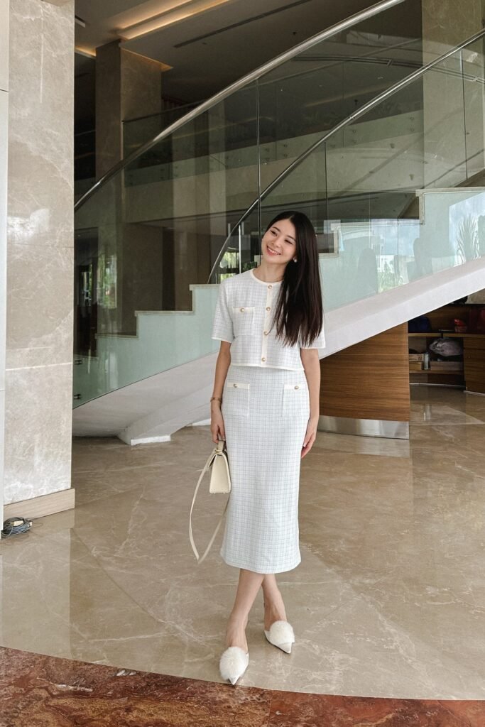  White Tweed Short Sleeve Jacket + Matching White Tweed Midi Skirt + White Fur Trimmed Mules
