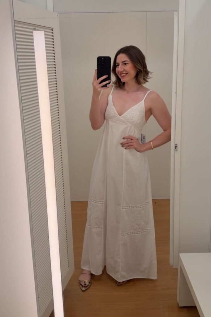 White V-Neck Embroidered Cotton Maxi Dress + Gold Strappy Sandals
