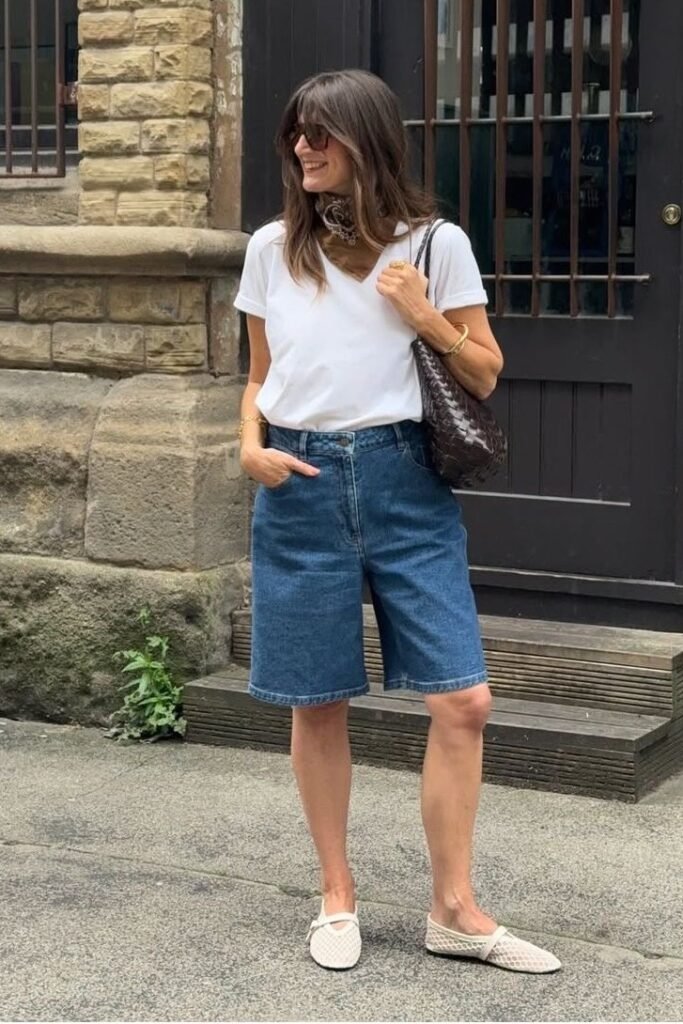 White V-Neck T-Shirt + Knee-Length Denim Shorts + White Mesh Flats