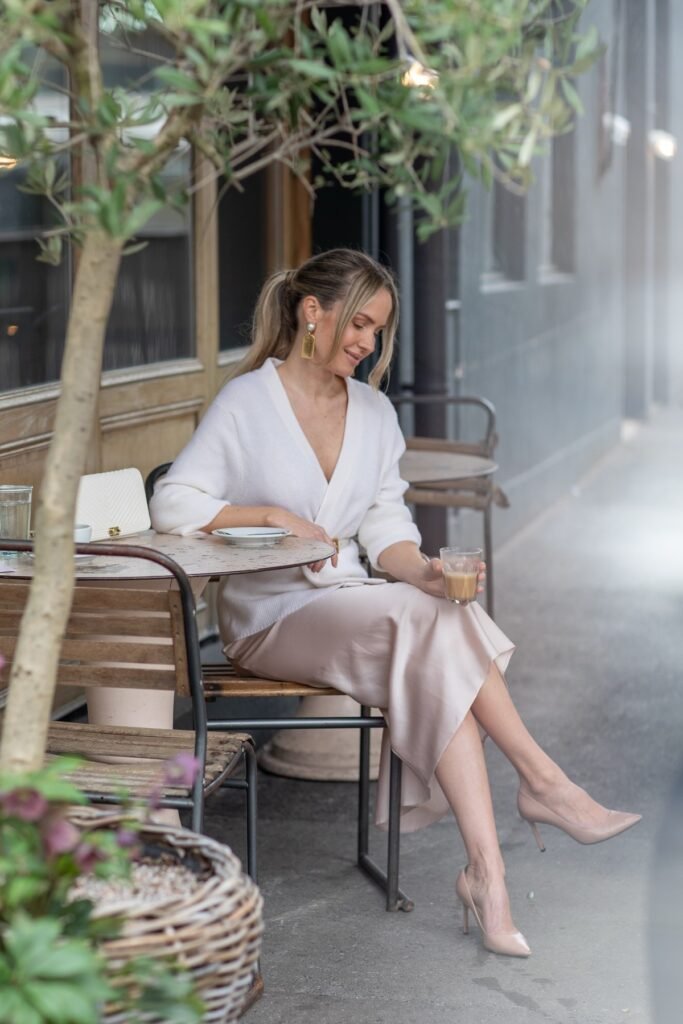 White V-Neck Wrap Sweater + Champagne Satin Midi Skirt + Nude Pointed Heels