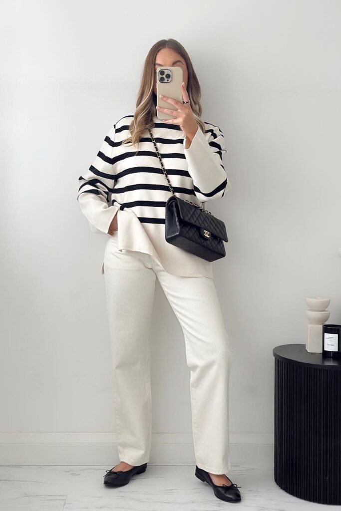 White and Black Striped Sweater + White Straight Leg Jeans + Black Ballet Flats