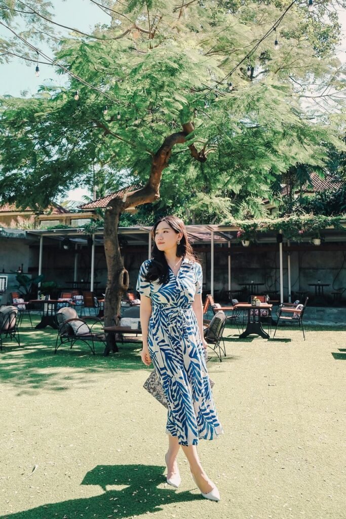 White and Blue Leaf Print Shirt Dress + White Pointed Toe Flats