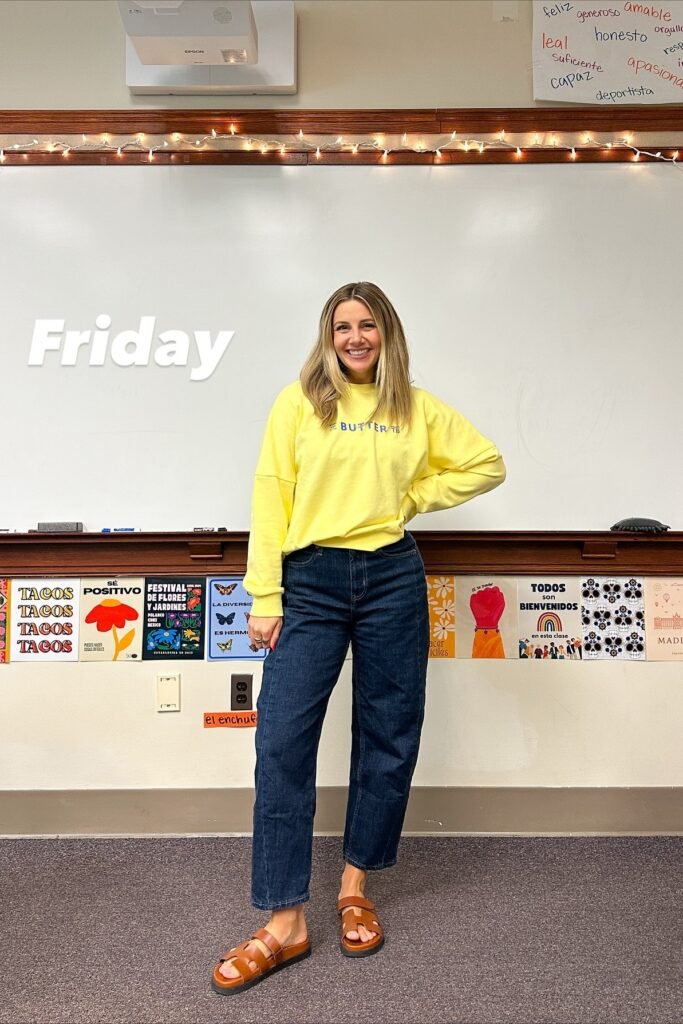 Yellow "Butter" Sweatshirt + Dark Wash Relaxed Jeans + Brown Leather Slides