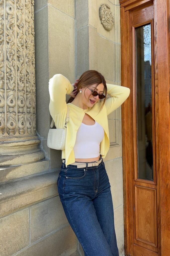 Yellow Button-Up Cardigan + White Tank Top + Dark Wash Skinny Jeans