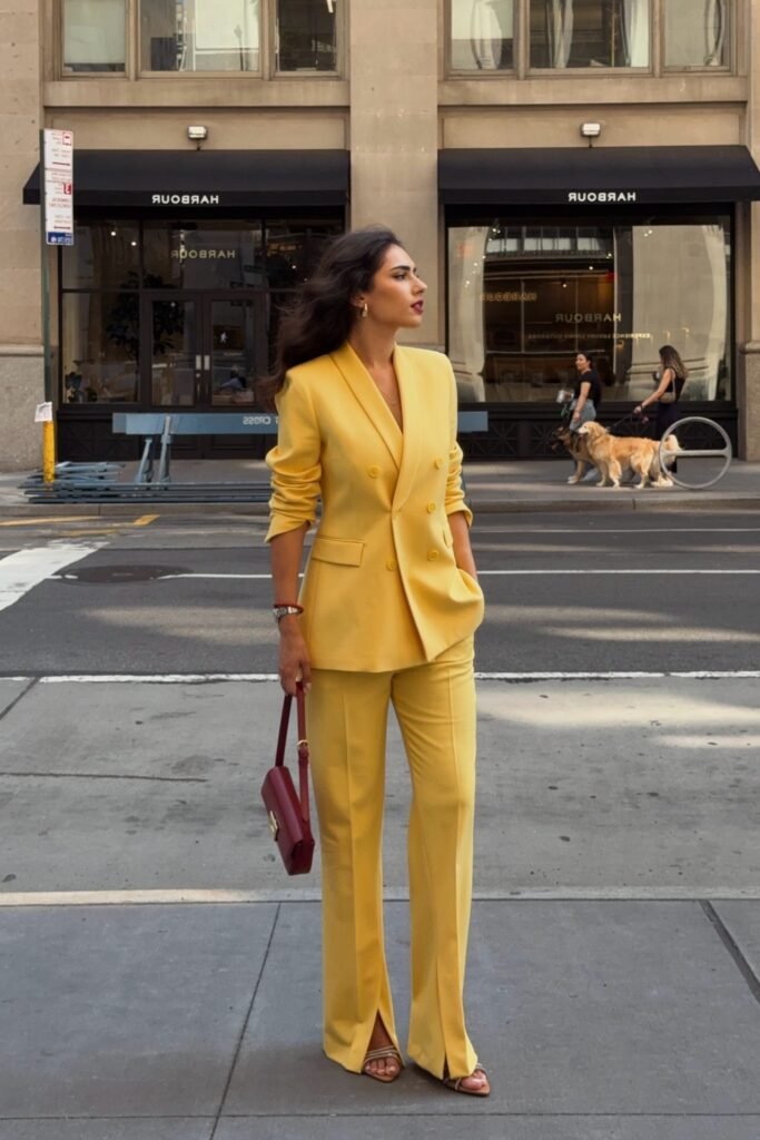 Yellow Double-Breasted Power Suit + Burgundy Handbag + Gold Strappy Sandals