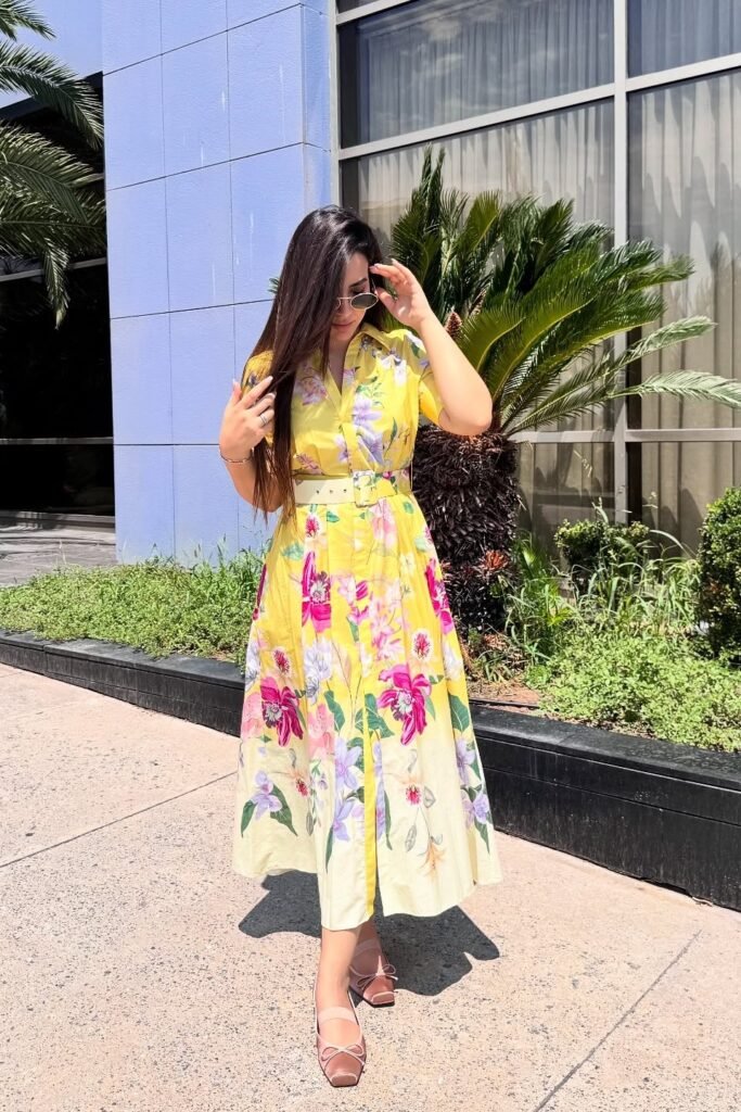 Yellow Floral Belted Shirt Dress + Sunglasses + Pink Square Toe Flats