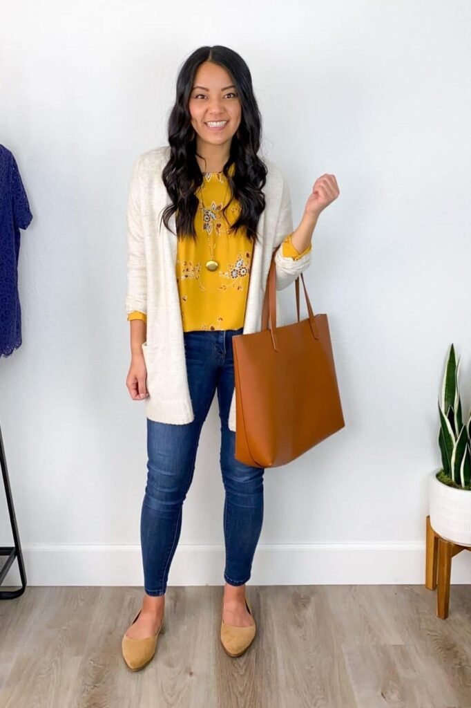 Yellow Floral Blouse + Cream Cardigan + Dark Skinny Jeans + Tan Pointed Flats