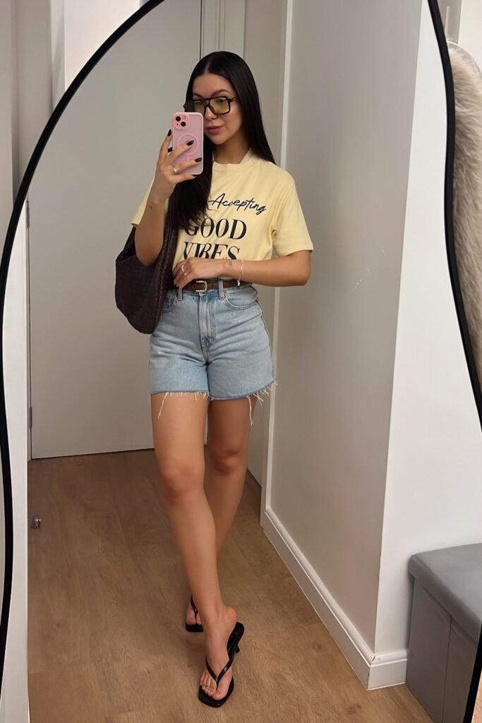 Yellow Graphic T-Shirt + Denim Shorts + Black Thong Sandals
