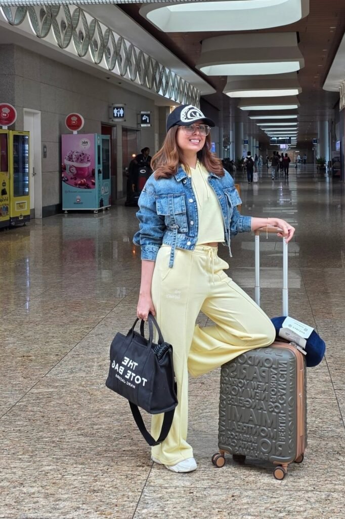 Yellow Hoodie and Sweatpants Set + Cropped Denim Jacket + White Sneakers