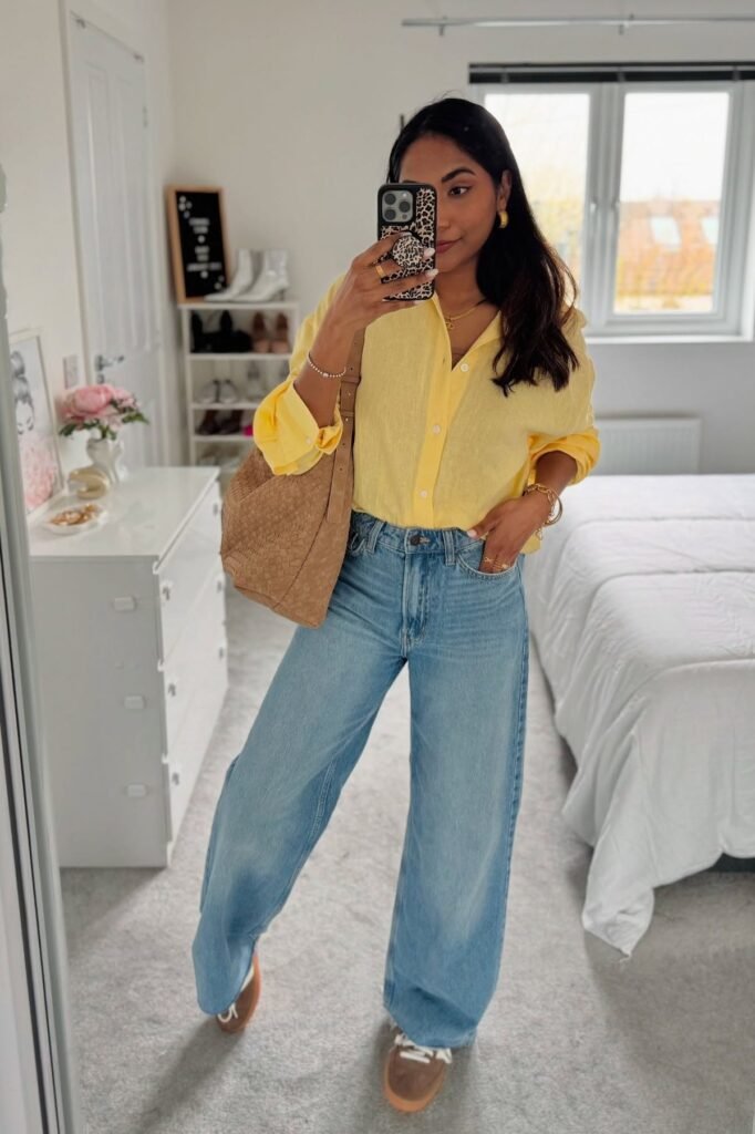 Yellow Linen Button Down Shirt + Light Wash Wide Leg Jeans + Brown Suede Sneakers