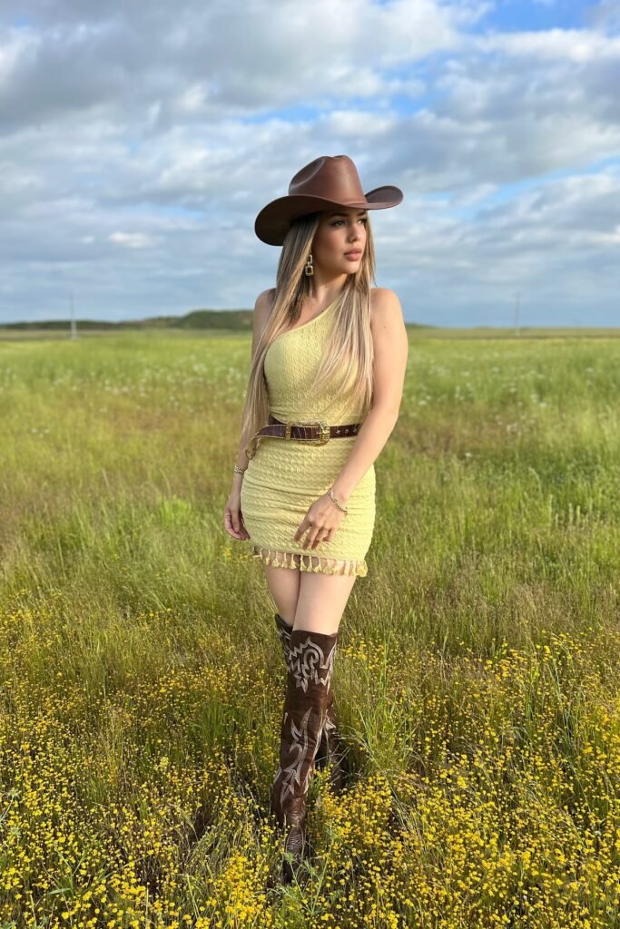 Yellow One-Shoulder Mini Dress + Brown Western Belt + Embroidered Over-the-Knee Boots + Brown Cowboy Hat