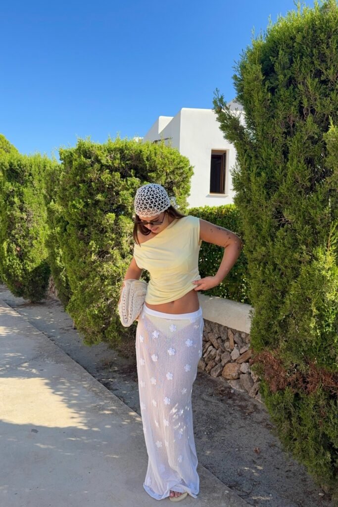 Yellow One-Shoulder Top + White Floral Sequin Maxi Skirt + White Headscarf
