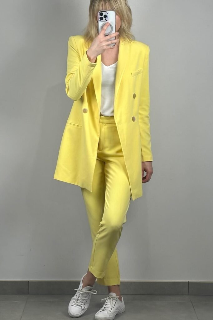 Yellow Oversized Blazer + Matching Yellow Tailored Trousers + White Canvas Sneakers