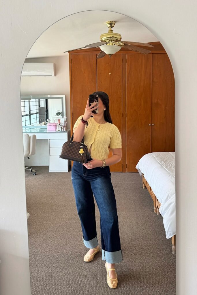 Yellow Short Sleeve Cable Knit Cardigan + Dark Wash Cuffed Wide Leg Jeans + Yellow Mesh Ballet Flats