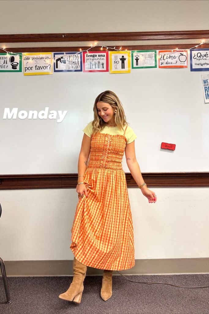 Yellow T-Shirt + Orange Gingham Smocked Maxi Dress + Tan Suede Boots