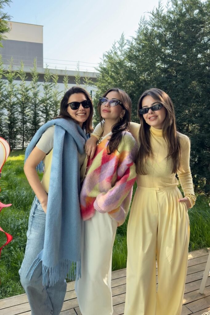 Yellow T-shirt & Blue Scarf + Multi color Argyle Cardigan + Yellow Turtleneck & Flared Trousers