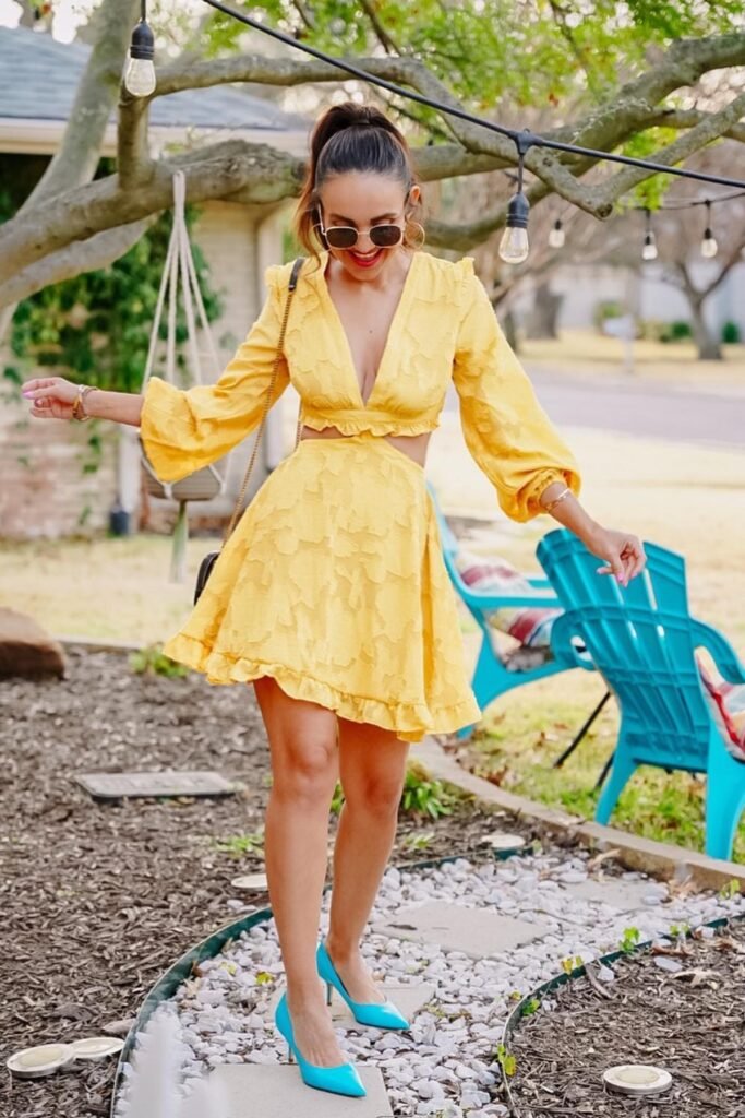 Yellow V-Neck Cut-Out Mini Dress + Turquoise Pointed-Toe Heels + Black Chain Crossbody Bag
