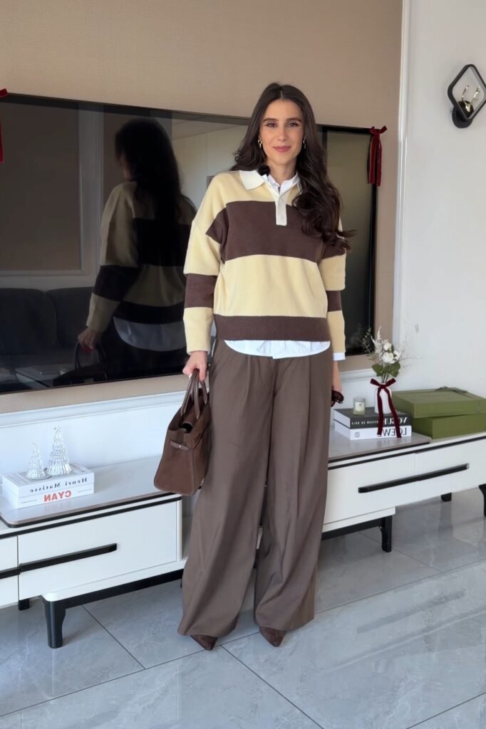 Yellow and Brown Striped Rugby Sweater + White Collared Shirt + Chocolate Brown Wide-Leg Trousers + Brown Pointed Boots