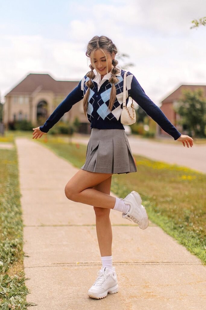 Argyle Knit Cardigan + Grey Pleated Mini Skirt + White Chunky Sneakers