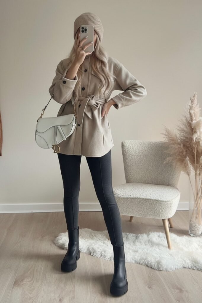 Beige Belted Shacket and Matching Beanie + Charcoal Seamed Leggings + Black Platform Chelsea Boots