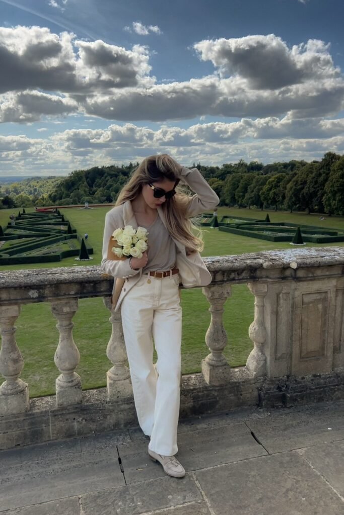 Beige Blazer + Light Grey T-shirt + White Wide-leg Jeans + Beige Loafers
