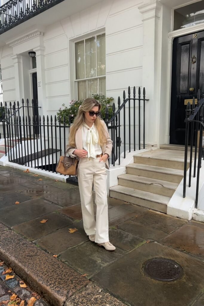 Beige Blazer + White Pussy-Bow Blouse + Off-White Wide-Leg Trousers + Cream Tassel Loafers