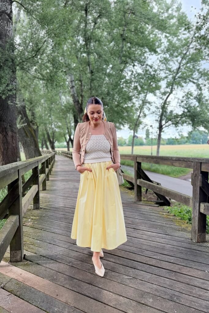 Beige Cardigan + Crochet Crop Top + Pastel Yellow Maxi Skirt + Beige Pointed Flats