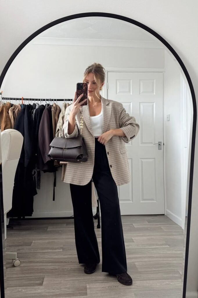 Beige Check Oversized Blazer + White Scoop-Neck Tank + Black Wide-Leg Trousers + Black Leather Loafers