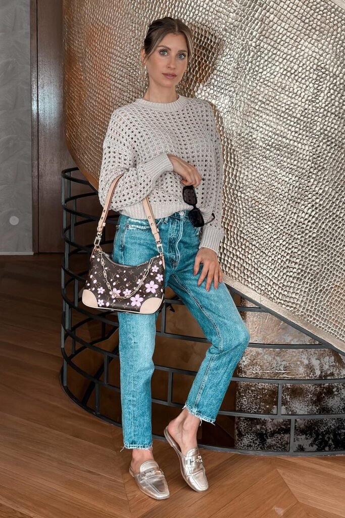 Beige Crochet Sweater + Distressed Straight-Leg Jeans + Silver Mule Loafers