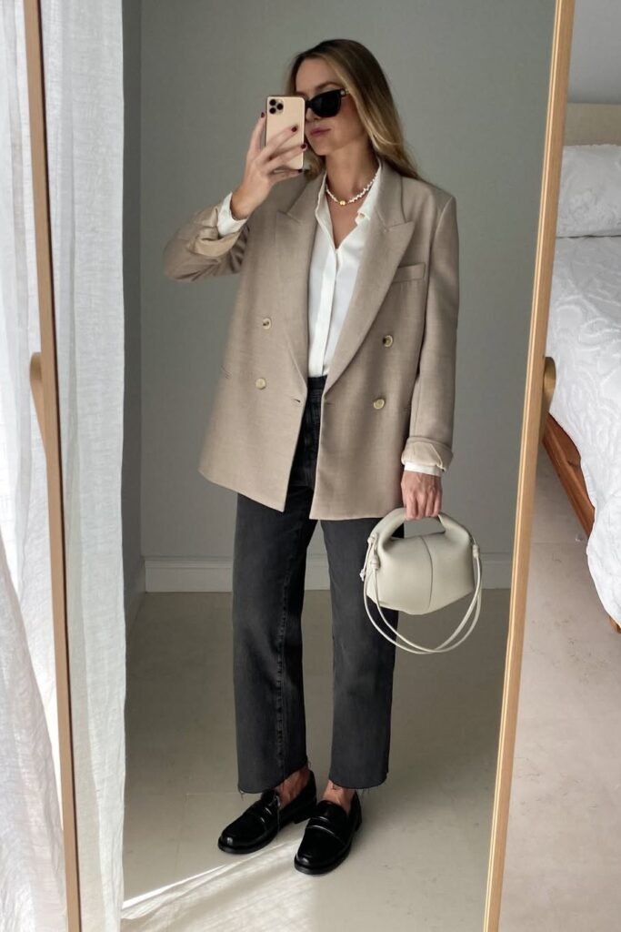 Beige Double-Breasted Blazer + White Button-Down Shirt + Charcoal Straight-Leg Jeans + Black Loafers