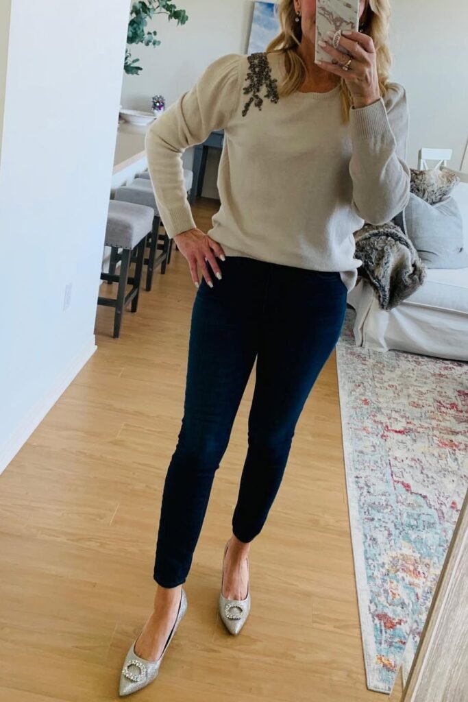 Beige Embellished Puff-Sleeve Sweater + Dark Wash Skinny Jeans + Silver Glitter Pointed-Toe Flats
