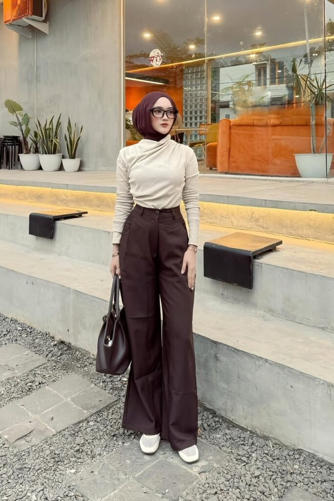 Beige High-Neck Top + Dark Brown Wide-Leg Trousers + White Loafers