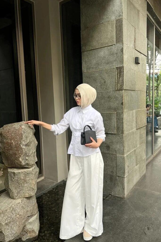 Beige Hijab + White Button-Down Shirt + White Wide-Leg Trousers + Cream Sneakers