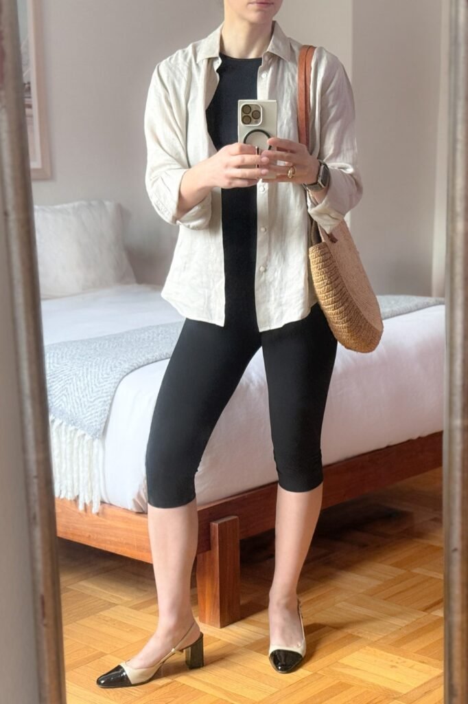 Beige Linen Button-Down + Black Bodysuit + Black Capri Leggings + Two-Tone Slingback Block Heels