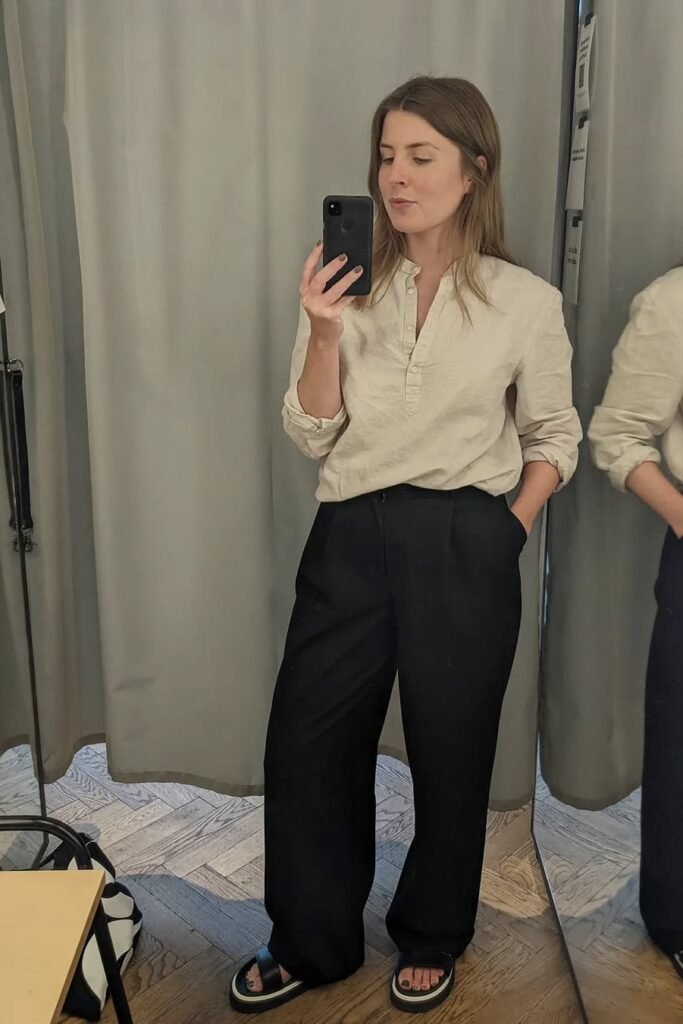 Beige Linen Henley Shirt + Black High-Waisted Trousers + Black Platform Sandals