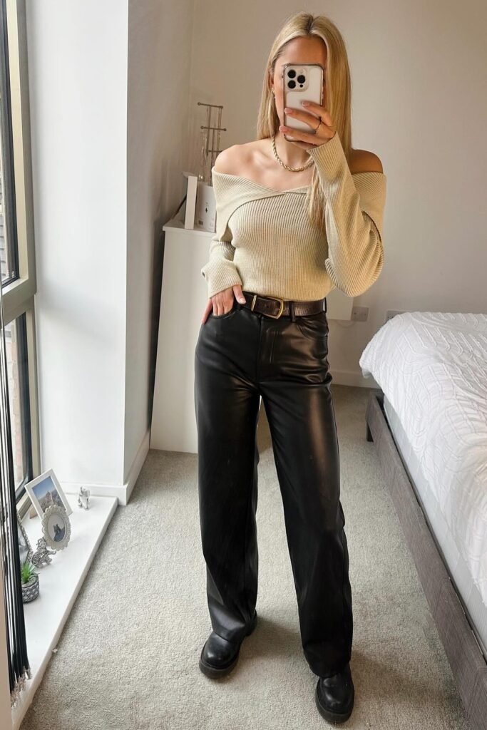 Beige Off-The-Shoulder Ribbed Top + Black Faux-Leather Straight-Leg Trousers + Black Chunky Boots