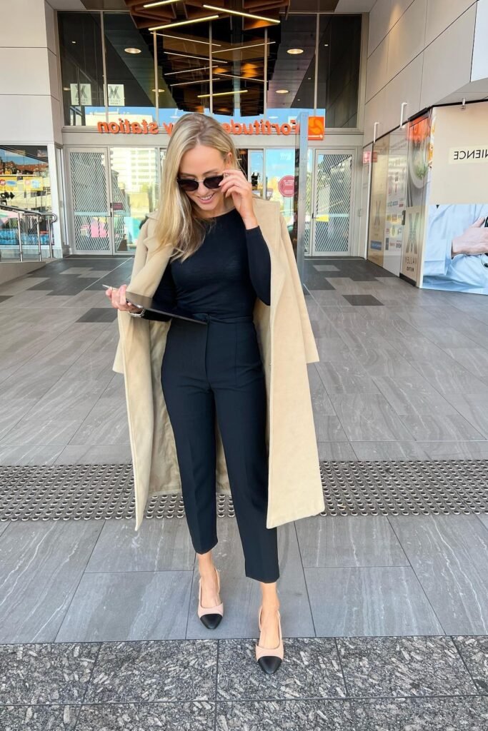 Beige Overcoat + Black Long-Sleeve Bodysuit + Black Cropped Trousers + Beige and Black Slingback Heels