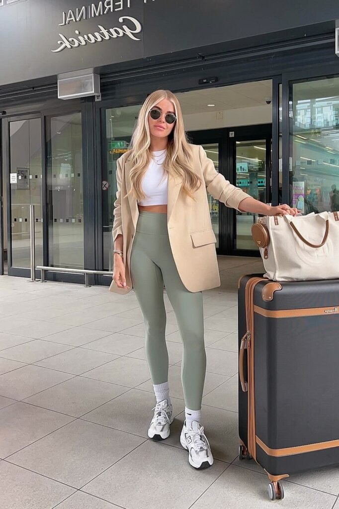 Beige Oversized Blazer + White Crop Top + Sage Green Leggings + White Athletic Sneakers